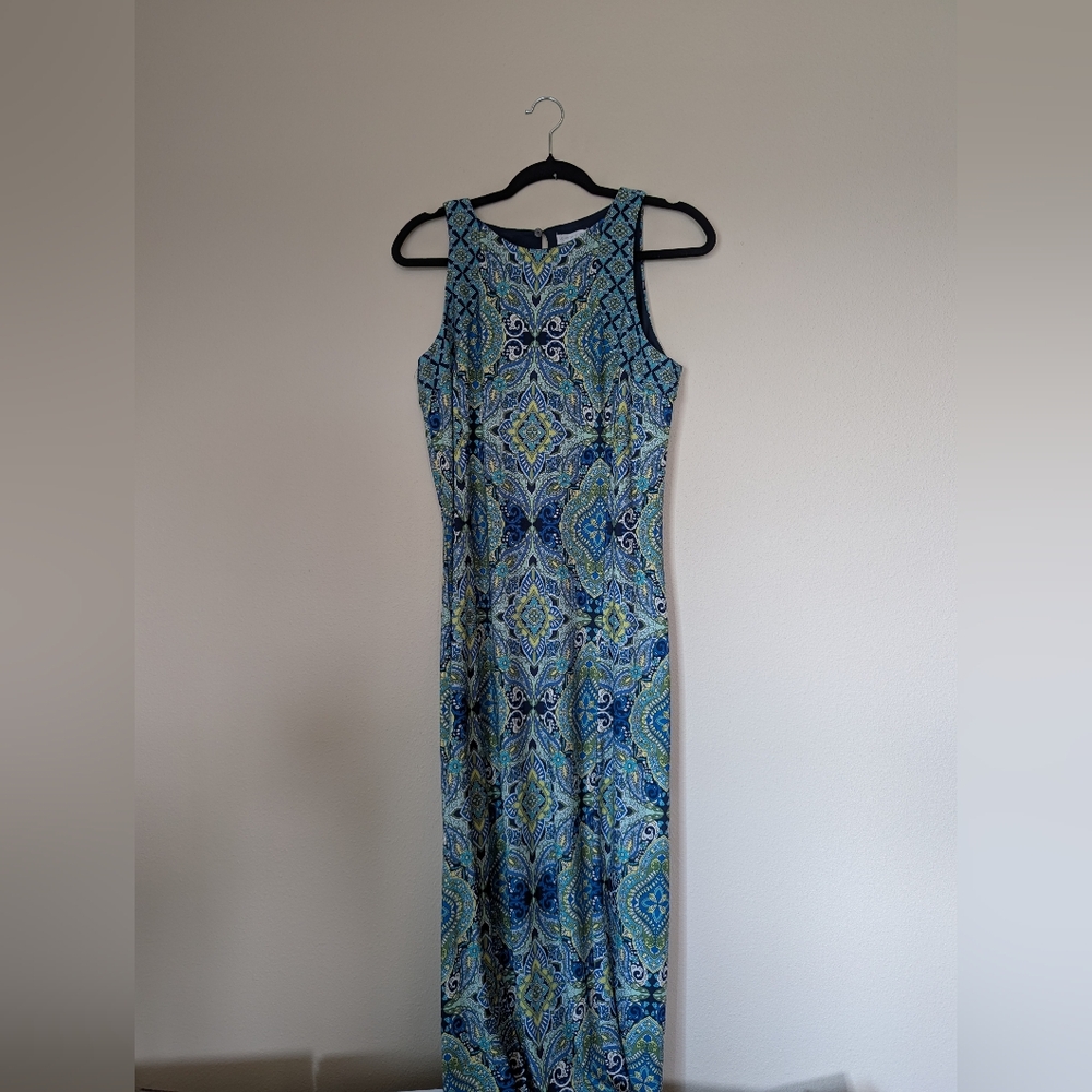London Times Blue and Green Maxi Dress Size 12